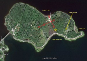 The red circles indicate the approximate position of the boulders that make up Nolan’s Cross on Oak Island. If aligned to the constellation Cygnus and the Northern Cross the yellow star indicates the position of the new 2022 star in relation to the Northern Cross and where it aligns on Oak Island. (Original image taken from Google Earth, Feb 2017.) 