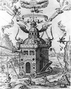 The Invisible College of the Rose Cross Fraternity, 1618, by Theophilius Schweighardt. Note the two stars in the upper left and right corners. The star on the left has its light shining through the Serpent Bearer (Serpentario) and the star on the right is shining through the Swan (Cygnus).